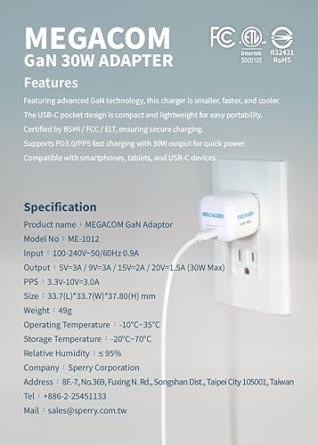 Miniatura 8 de megacom Banco de energía de 37 Wh USB-CX1 y USB-AX2 + cargador Gan tipo C de 30 W paquete