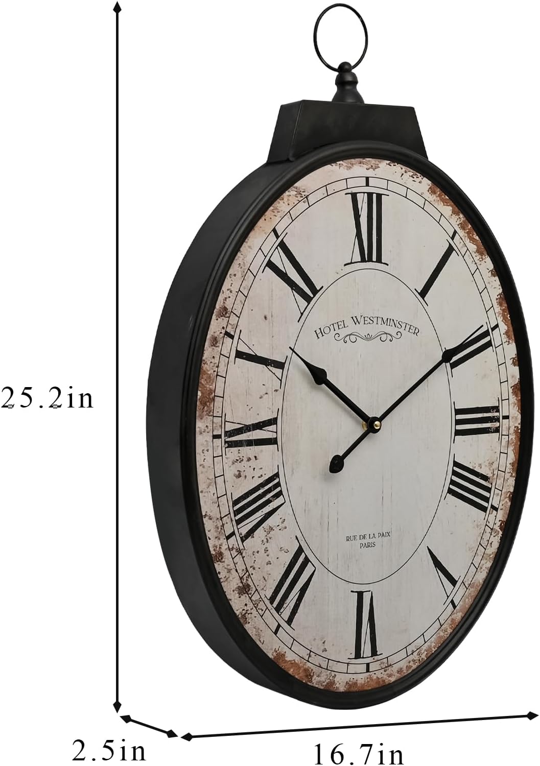 Large Oval Wall Clock 25 Inch, Antique Distressed White Decorative Clock with Metal Frame & Arabic Numerals, Vintage French Country Hotel Westminster Design for Living Room, Kitchen, and Hallway Decor