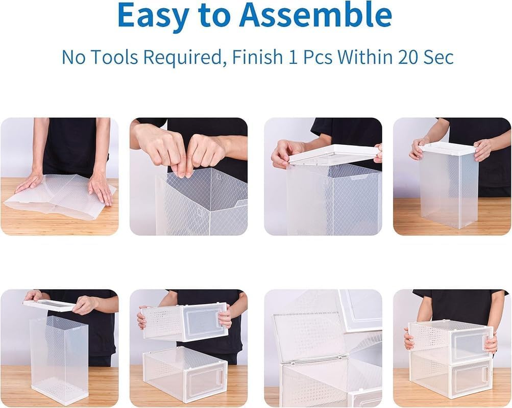 Seseno 12 Pack Shoe Organizer Storage Bins Clear Plastic Stackable Shoe Boxes for Closet, Space Saving Foldable Shoe Storage Case, Sneaker Storage Shoe Box Container