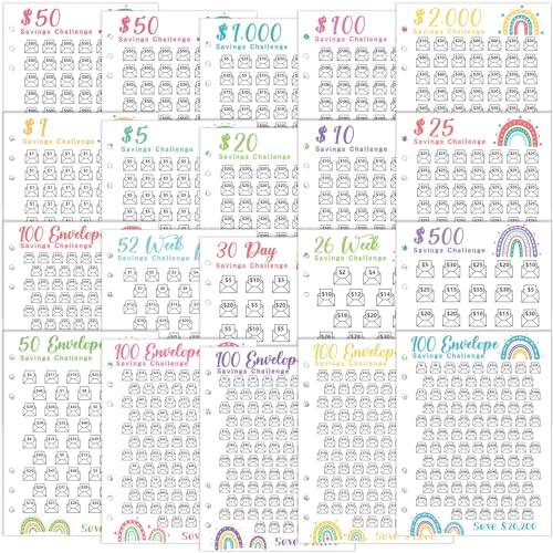Jetec 20 Sheets Money Saving Challenge Binder Trackers with 6 Perforated Holes for 6 Ring A5 Binders 100 Envelopes Tracker Cards Money Savings Challenge Budget Planner to Save Cash(Rainbow Style)