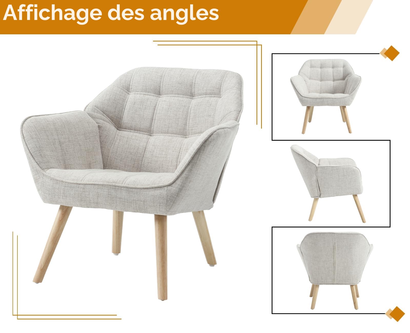 chairus Fauteuil Scandinave de Salon avec Pieds en Bois Modern Chaise de Chambre Capitonné en Lin (Beige-1)