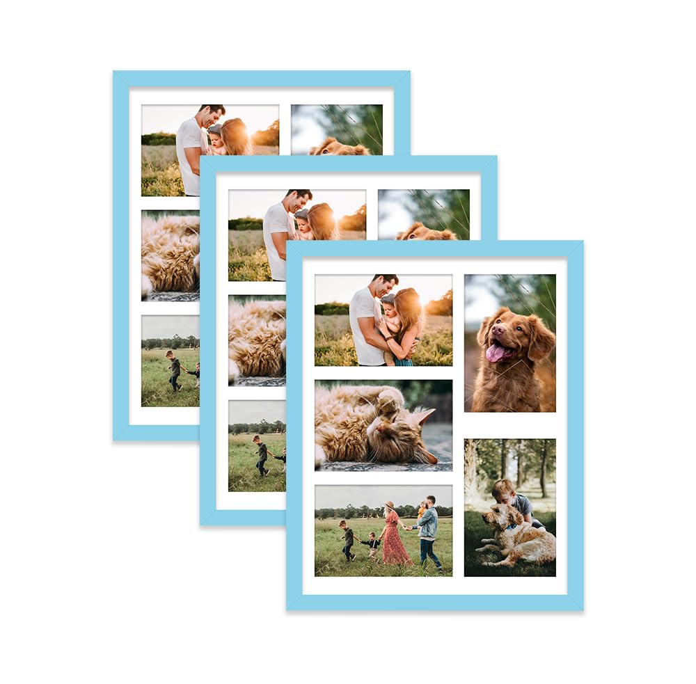 Light Blue Multi Photo Frame - Holds 5 x 6x4 Pictures, Family Collage Picture Frame for Wall Display, 14x11 Frame size, Set of 3