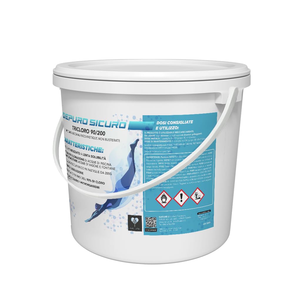 Naturii kg 10 Cloro Lento, tricloro 90/200 compresse Pastiglioni da 200 gr, cloro attivo 90%