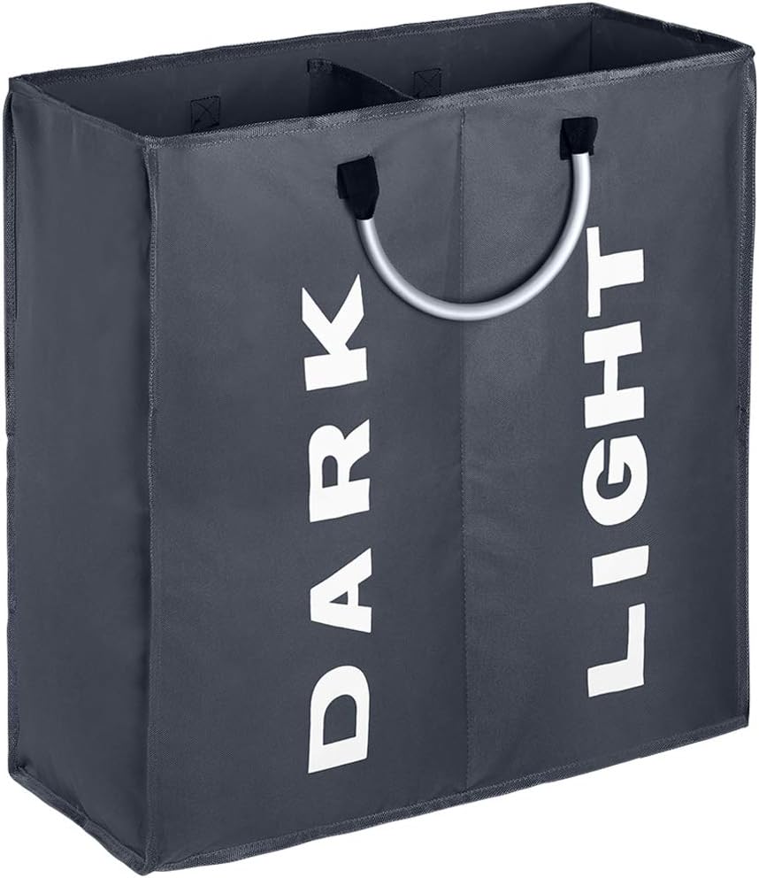 2 Sections Laundry Hamper Collapsible Laundry Bag 60L Foldable Laundry Basket Portable Storage Bag Bin with Carry Handles Dirty Clothes Bag for Bathroom Bedroom Laundry Room, Dark Grey