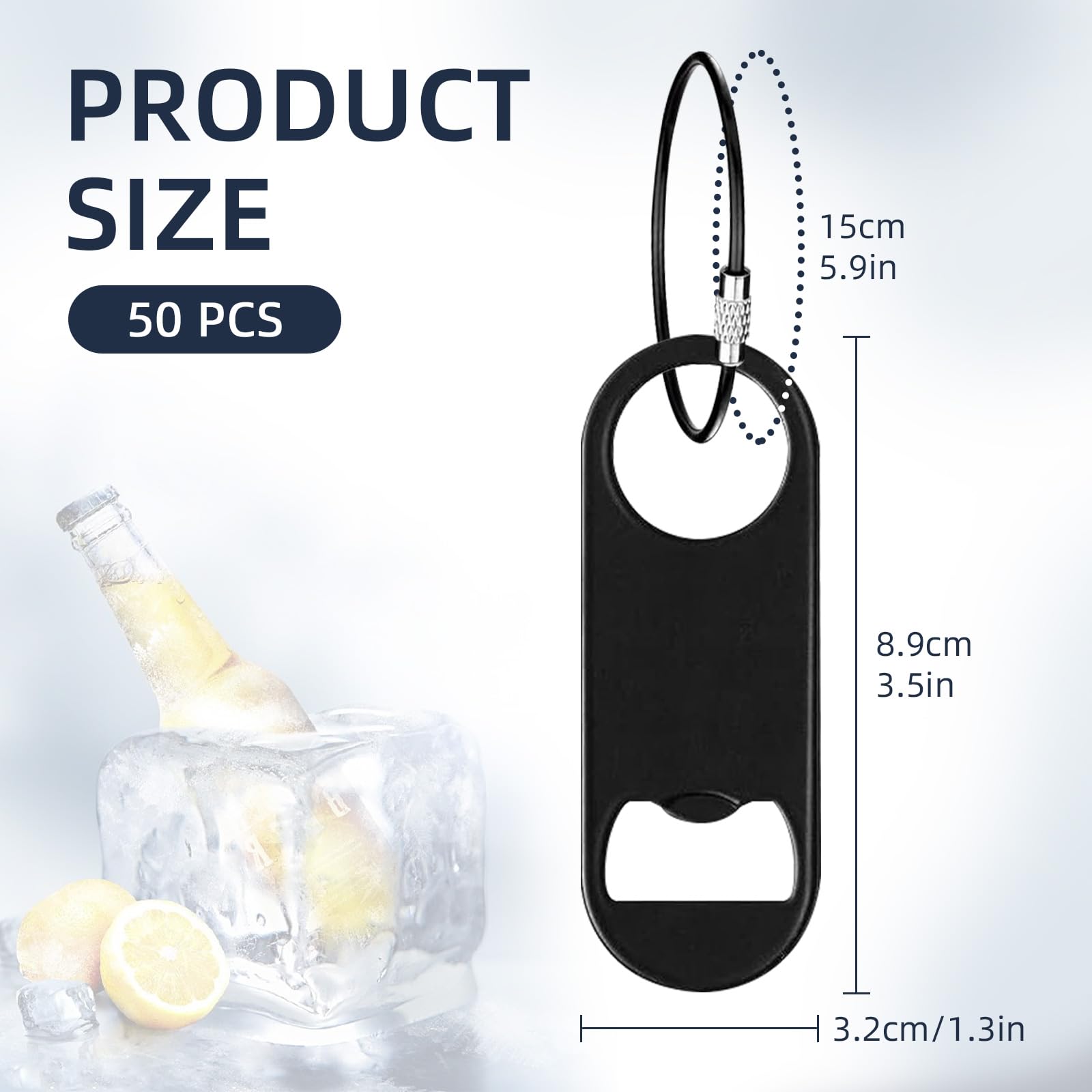 Paquete de 50 abrebotellas plano de acero inoxidable con llavero de 3.5 pulgadas, abrebotellas de cerveza plano, llavero negro mini abridor de botellas de metal para camarero, cocina, bar,
