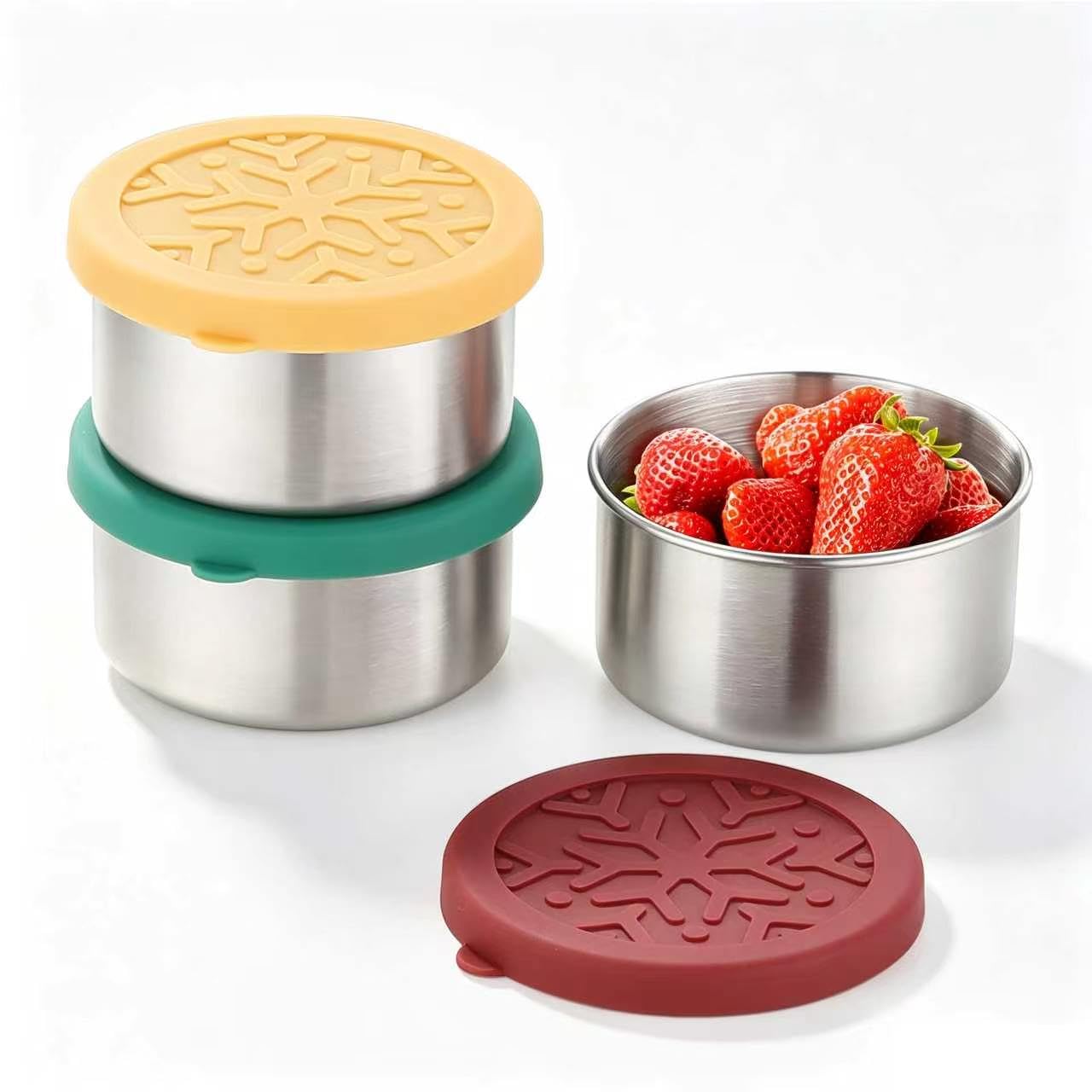 Stainless Steel Snack Containers for Kids Salad Dressing Container To Go Small Snack Box with Silicone Lids Easy Open LeakProof Reusable Metal Toddler Lunch Box for School