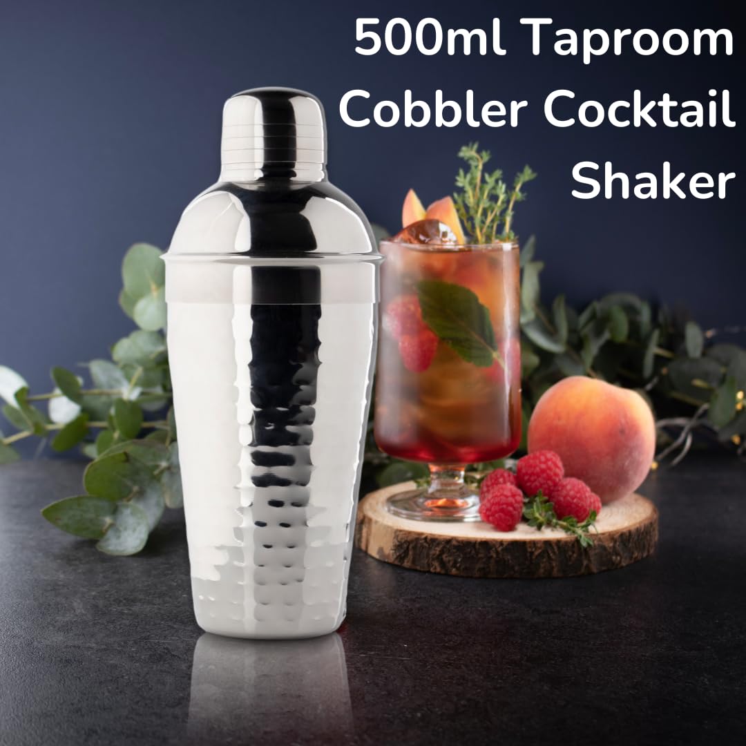 Hammered Stainless Steel Cocktail Shaker Tool - 500ml (17fl oz). Built-in Ice Strainer, Silicone Seal & Spirit Measure Cap. Classy Modern Design, Silver in Colour, Great for Beginners & Professionals