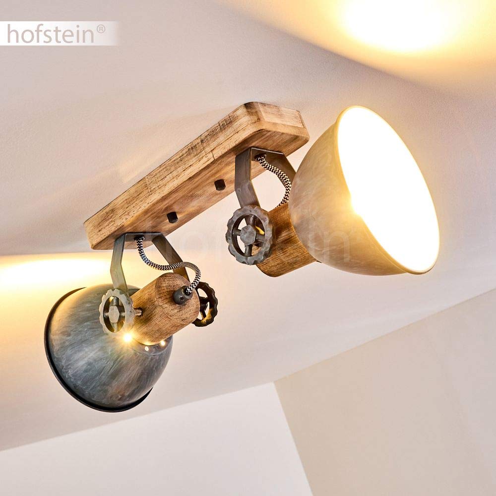 Plafoniera Orny, 2 luci, con faretti regolabili, lampada da soffitto in metallo/legno in grigio/bianco/marrone, 2 x attacco E27, faretto dal design retrò/vintage, senza lampadina/e