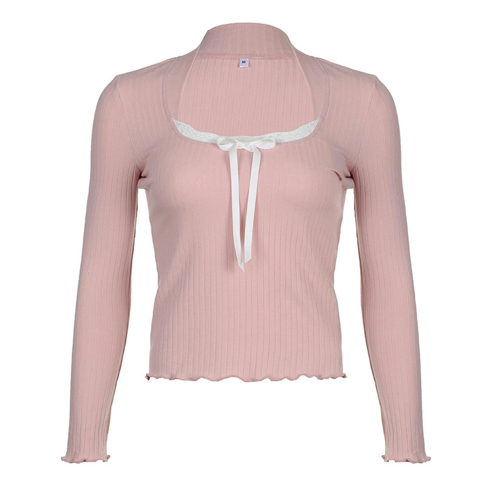 Estilo Suave y Dulce Corbata de Empalme de Encaje Pajarita Cuello Cuadrado Top Rosa niña Encaje versátil Mangas largas-07827 Rosa Claro-S