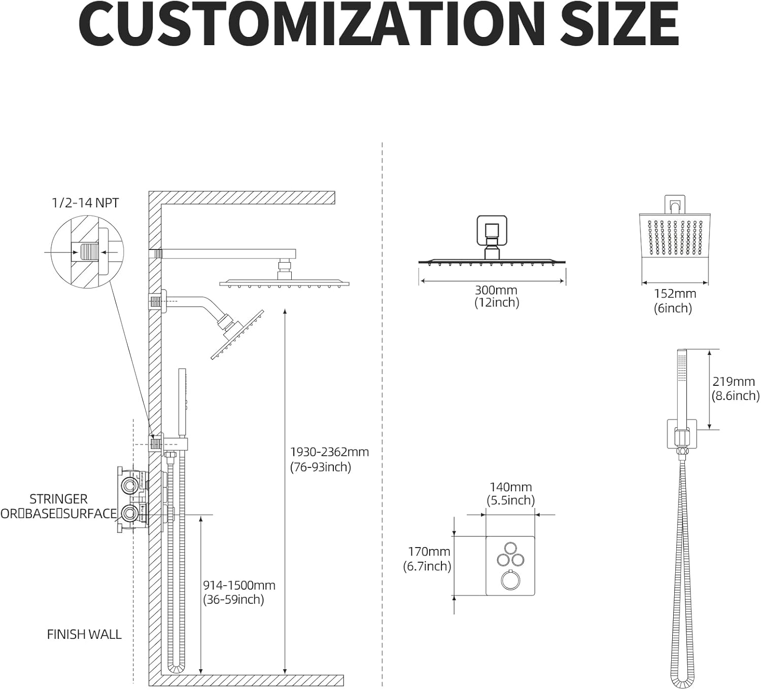 Thermostatic Shower Faucet System Set Brushed Gold,RomceBath Dual 12+ 6" Wall Mount Rainfall Shower Head with Can Use All at Once Push Button 3-Way Modes Valve & Trim Kit & Handheld Sprayer Combo