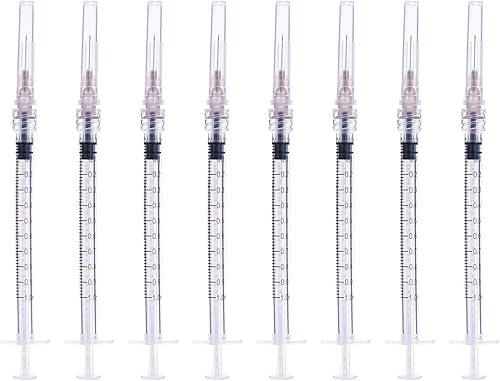 Jeringas de 1 ccml con aguja de 0.5 pulgadas desechables cada una envuelta individualmente, paquete de 20 (0.0 fl oz-27G-20pcs-RL)