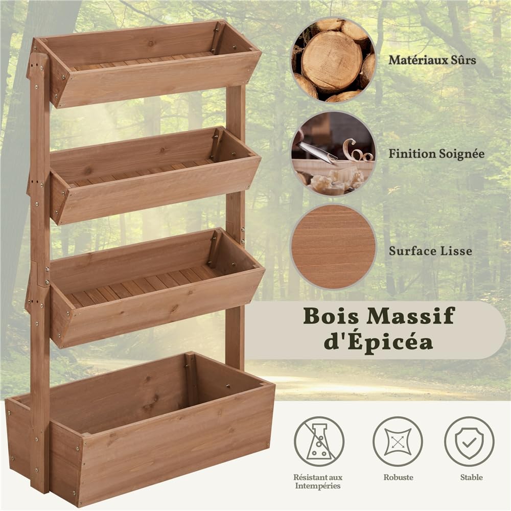 Yaheetech Jardinière Surélevée 4 Niveaux Bac de Potager en Bois de Sapin avec Trous de Drainage pour Balcon Terrasse Jardin Support pour Plantes Herbes Fleurs Légumes Brun Foncé