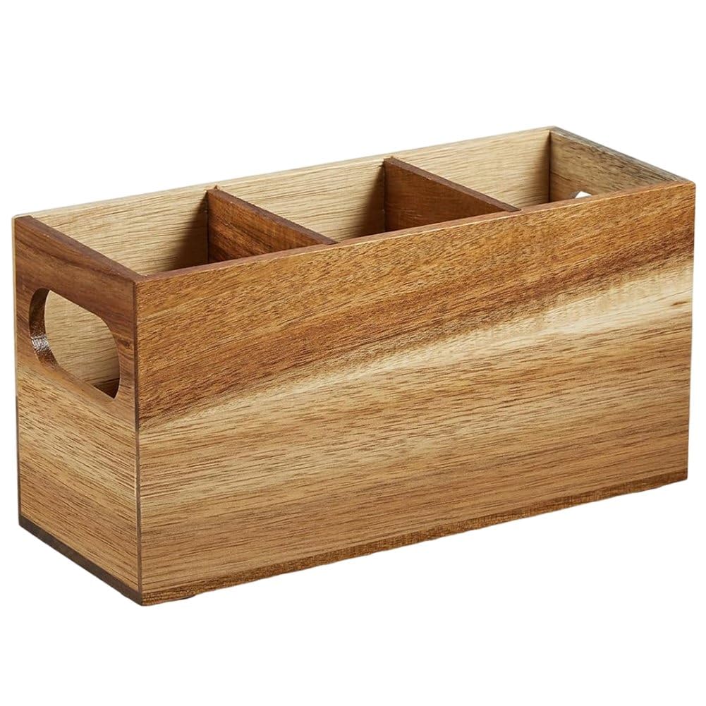 Baokuan As Shown Wooden Utensil Holder, Rustic Kitchen Cutlery Holder, Wooden Utensil Organizer With 3 Compartments For Kitchen Countertop