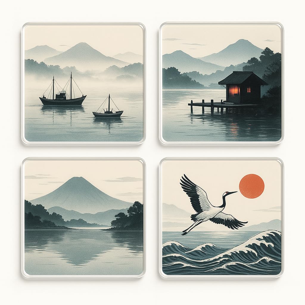 The Plum Penguin Zen Waterscape Acrylic Coaster Gift Set Of 4 With Tranquil Japanese Ink Illustrations - Home Decor For Japandi Style Living