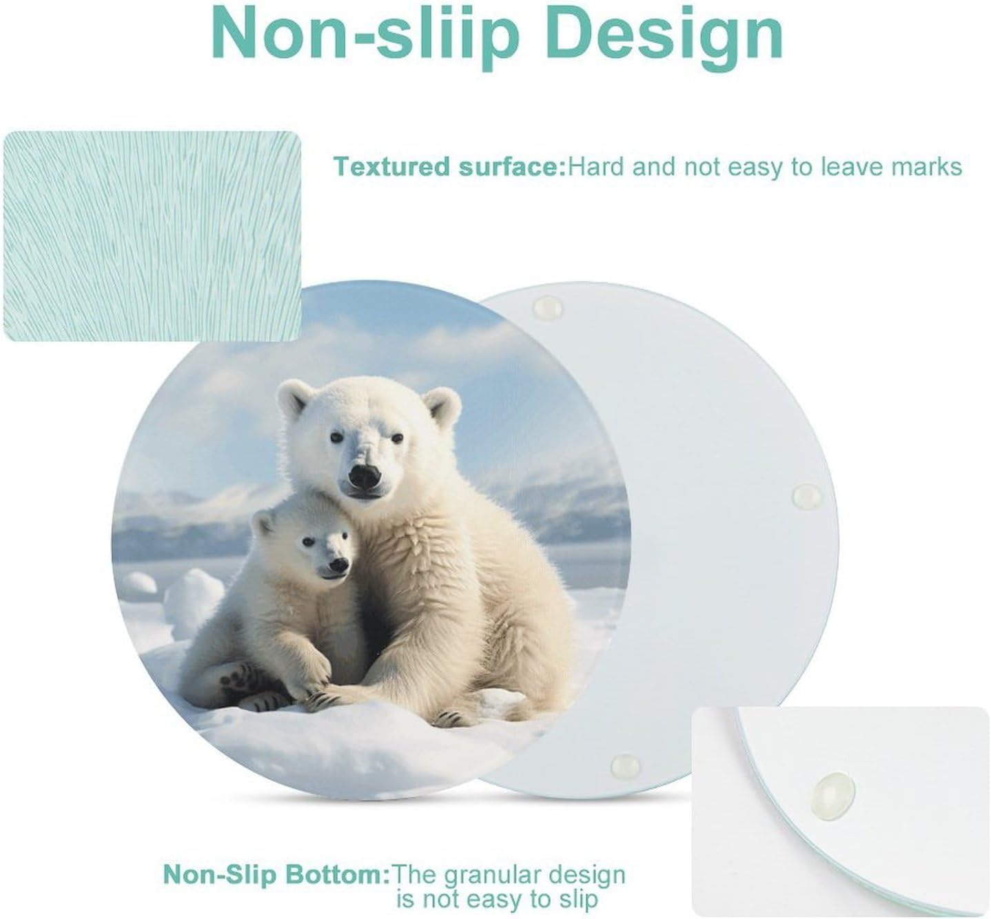 Cute Polar Bear Cutting Board Portable Small Chopping Boards Tempered Glass Kitchen Counter Protector Non-Slip Round Charcuterie Boards Mat for Bar Cheese Board