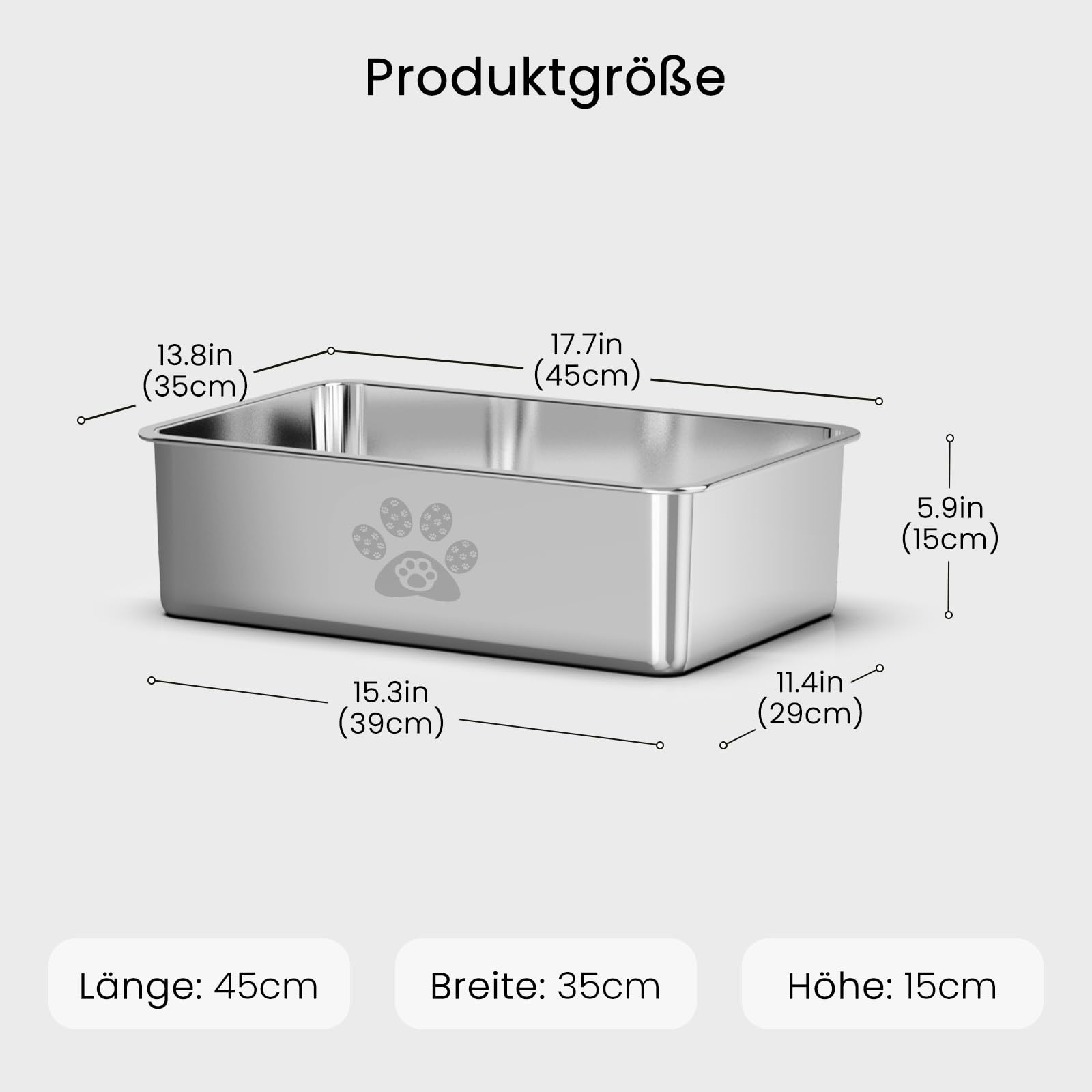PTLOM Lebensmittelgrade Katzenklo Edelstahl Katzentoilette - Katzenklo Offen Klein Mit Niedrigem Einstieg für ältere Katzen, Abgerundete Kanten, Rostfrei & Antihaftbeschichtet,45x35x15cm