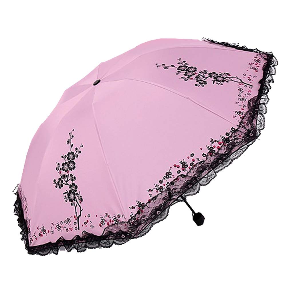 QWZ Travel Umbrella Umbrella Lace Sun Umbrella Anti-ultraviolet Sun Umbrella Folding Three-fold Sunny Umbrella Windproof Compact Umbrella (Color : Pink)