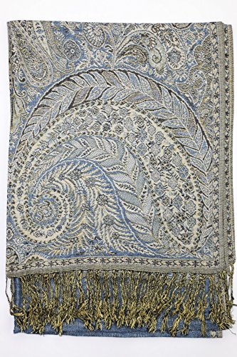 Achillea Luxurious Double Layered Jacquard Big Paisley Pashmina Shawl Wrap Scarf (Steel Blue)