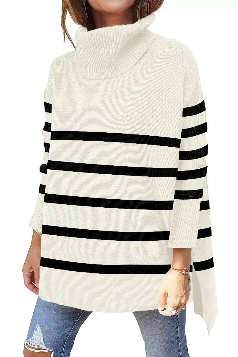Womens Turtleneck Oversized Sweaters Long Sleeve Split Hem Striped Knit Pullover Tops
