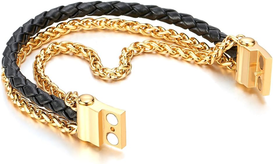 COOLSTEELANDBEYOND Mens Steel Gold Color Wheat Chain and Black Braided Leather Bracelet with Magnetic Clasp, Three-Row - Image 4
