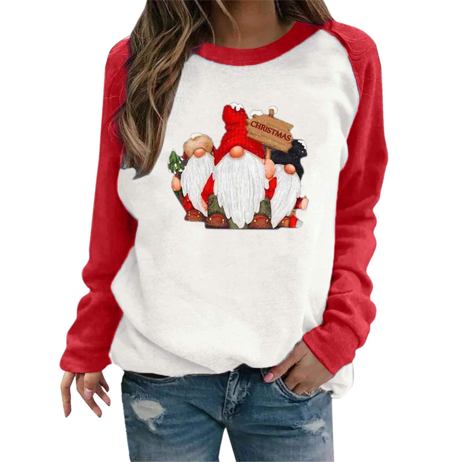 Ydsxlp Women's Fleece Sleeve Printing Fleece Plush Contrast Long Sleeve Pullover Sweater Top Cute Top