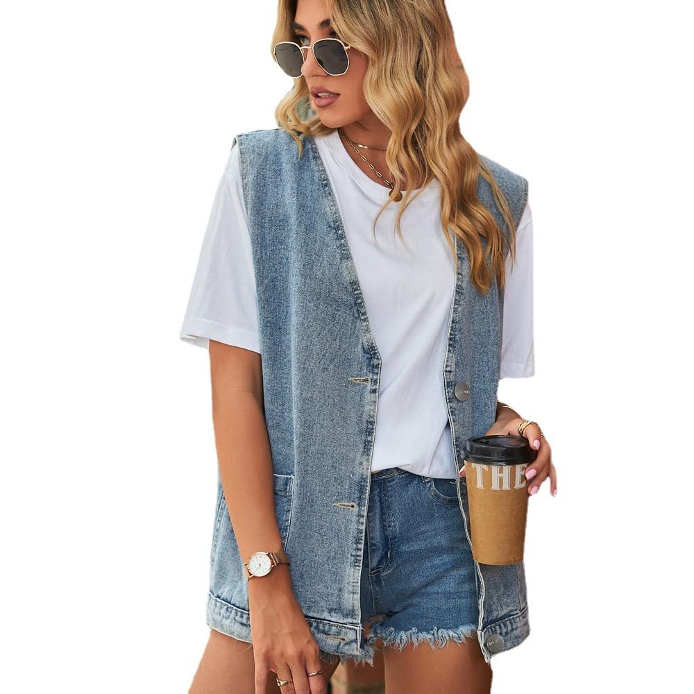 Denim Sleeveless Vest Waistcoat For Women | Button-Front Western Jacket-image-0