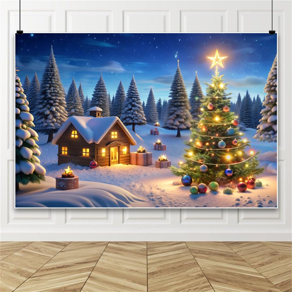 3.5x2.5m Fondo de Navidad de Invierno con casa de Madera, árboles de Navidad, pinos y Paisaje nevado para fotografía, Ideal para decoración de Fiestas de Año Nuevo en casa