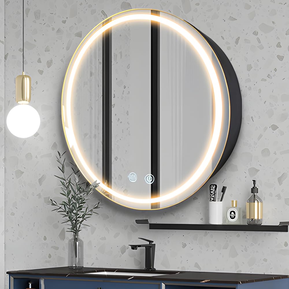 Janboe 61cm Round Mirror Cabinet with Lights,with Defogger,Dimmable,Anti-Fog,3 Colors,Black