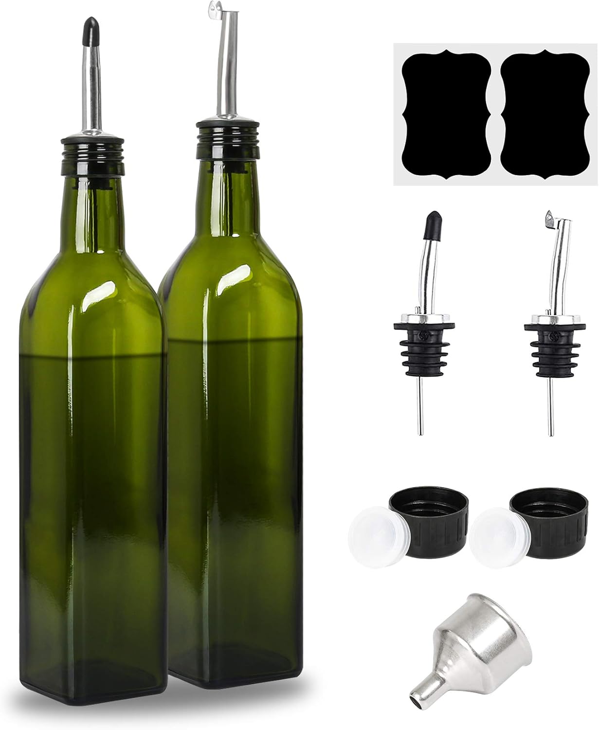 [2 Pack] Olive Oil Dispenser Bottle Set, 17oz/500ml Glass Oil & Vinegar Cruet with 4 Pourers, 2 Caps, Funnel and Labels - Olive Oil Glass Container Bottle for Kitchen (Green)