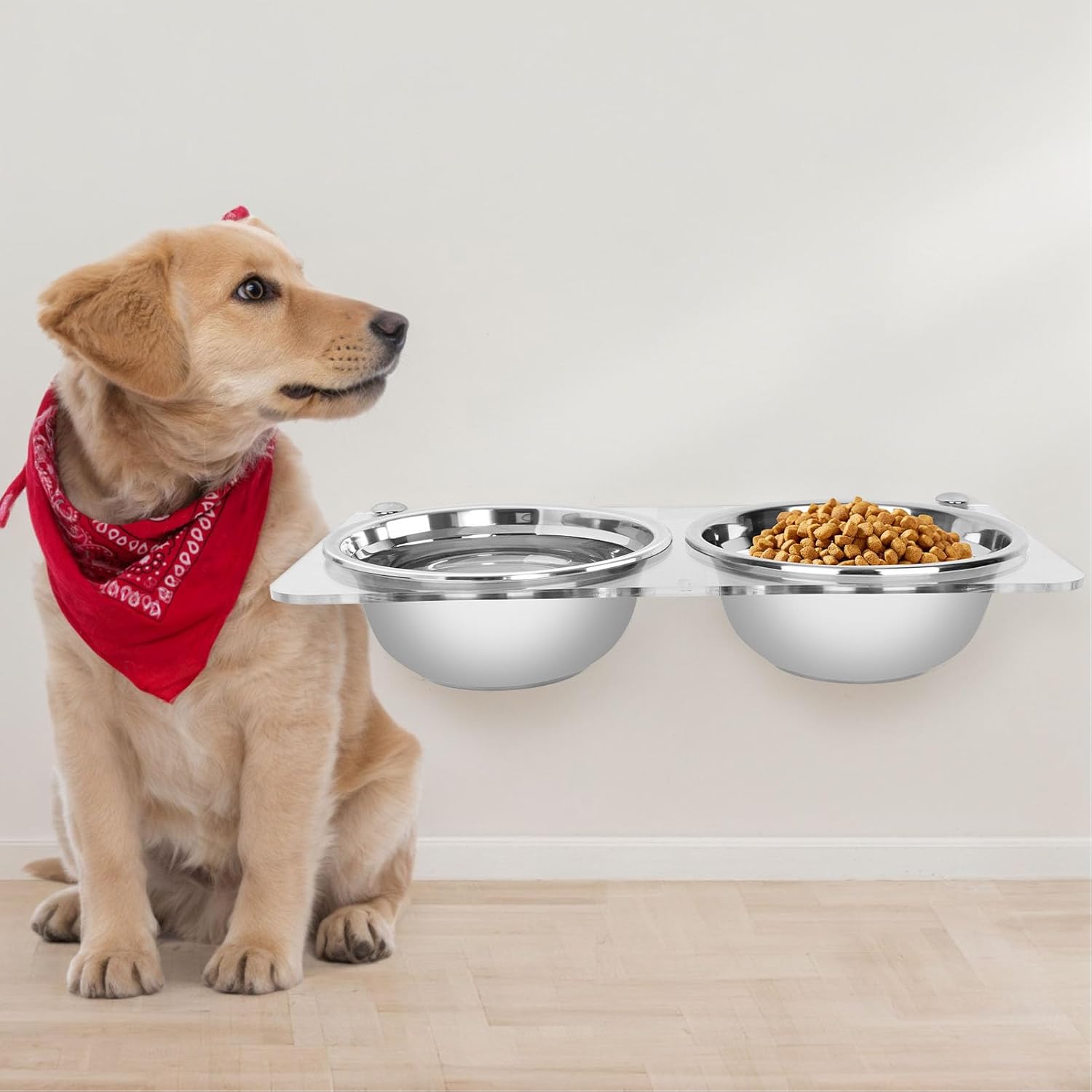 Wall Mounted Cat Bowls, Elevated Dog Bowl Stand Mounted Elevated Pet Feeder, Adjustable Elevated Dog Bowls with 2 Stainless Steel Bowl for Medium Large Dogs and Raised Dogs