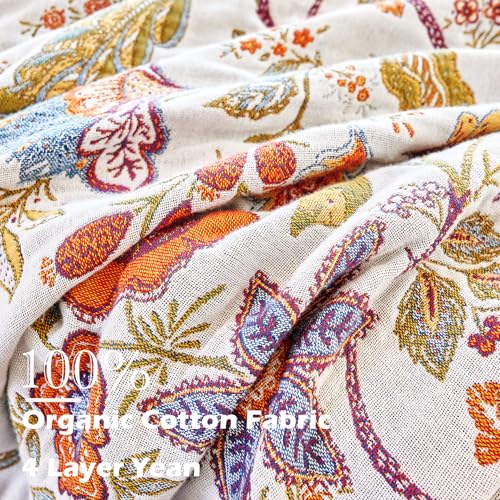 Image of VANJOROY Boho Throw Blanket, 100% Organic Cotton Breathable Ultra Soft 91 inch x 108 inch King Bed Quilt Throw - All Season Floral Rustic Farmhouse Decor Luxury Blanket for Sofa Couch Chair and Gift