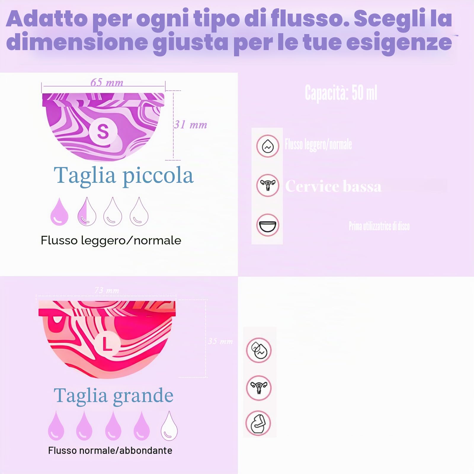 2 pezzi Disco di disco mestruale S L, disco periodico riutilizzabile a tazza mestruale, dischi mestruale a prova di morbido fatto in silicone, alternativa ai tamponi