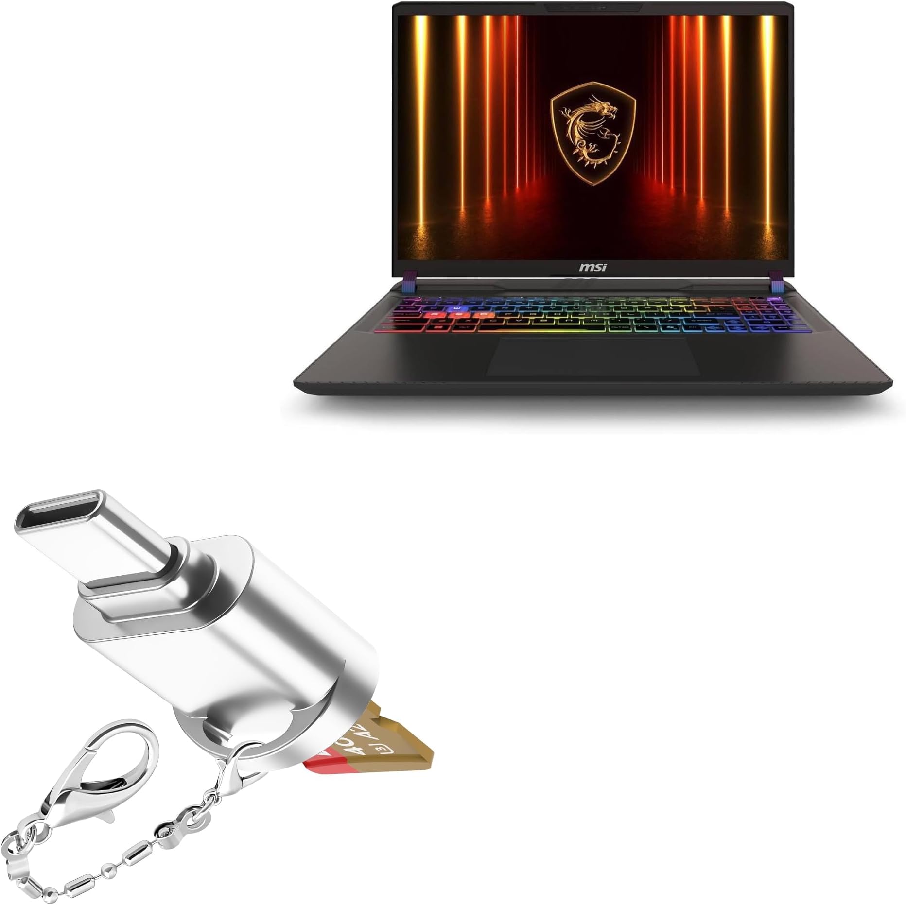 Adapter Compatible with MSI 16" Vector 16 HX AI Gaming Laptop - Micro SD Card miniReader, USB Type-C OTG Reader USB3.0 Adapter Keychain - Metallic Silver