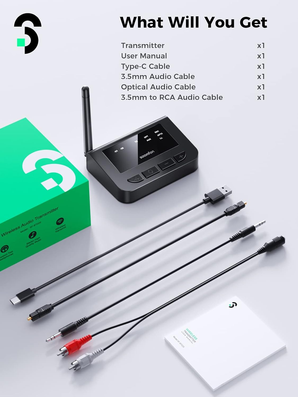 aptX LL Bluetooth Transmitter for TV, SOOMFON Bluetooth 5.0 Audio Transmitter with Volume Control, Bluetooth Adapter Splitter for TV/PC, aptX Low Latency, Ultra-Long Range, Aux/RCA/Optical