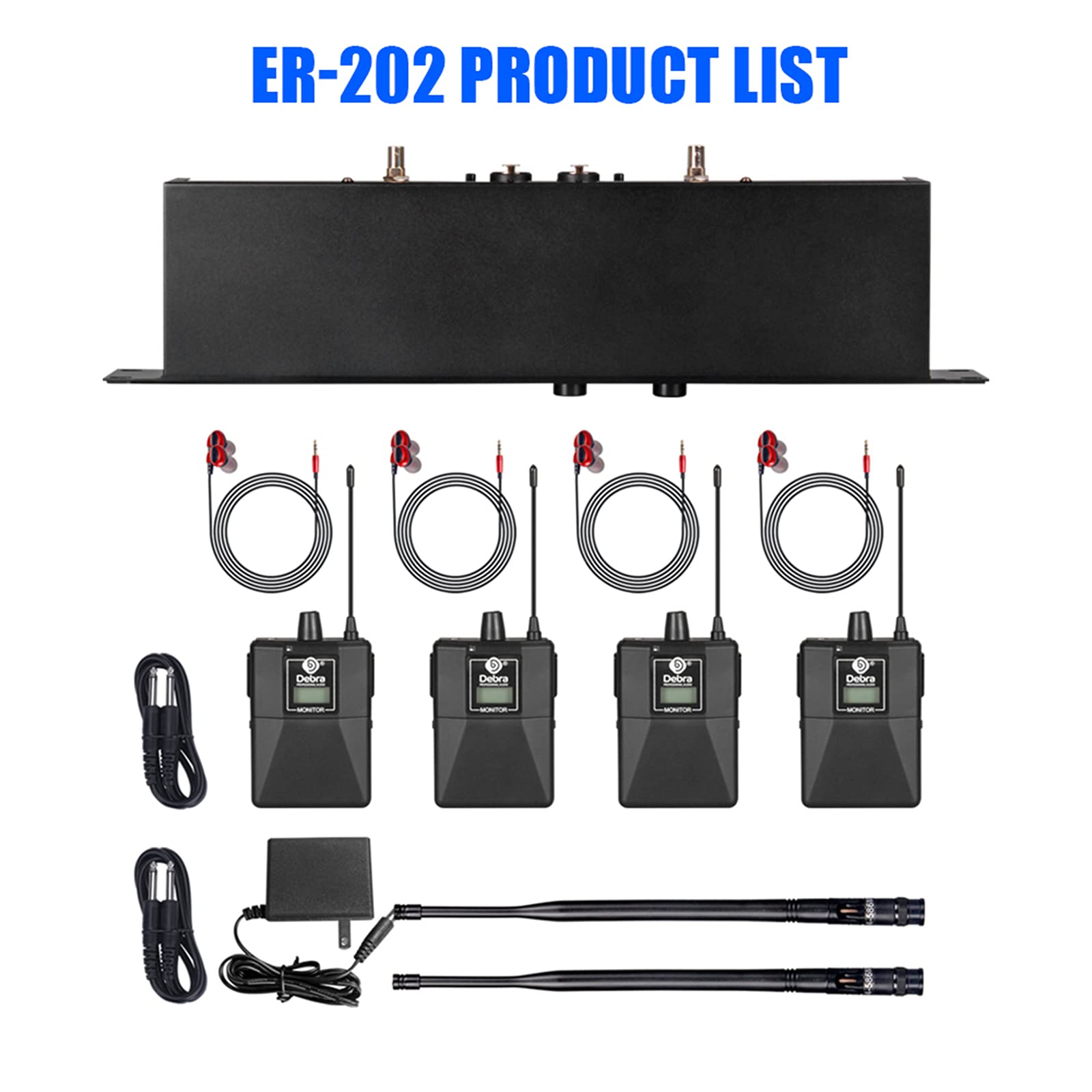 D Debra Audio Pro ER-202 UHF Sistema de Monitor intraauricular inalámbrico de un Solo Canal con transmisor y Receptor para Escenario, Estudio de grabación, músicos (4 bodypack con transmisor)