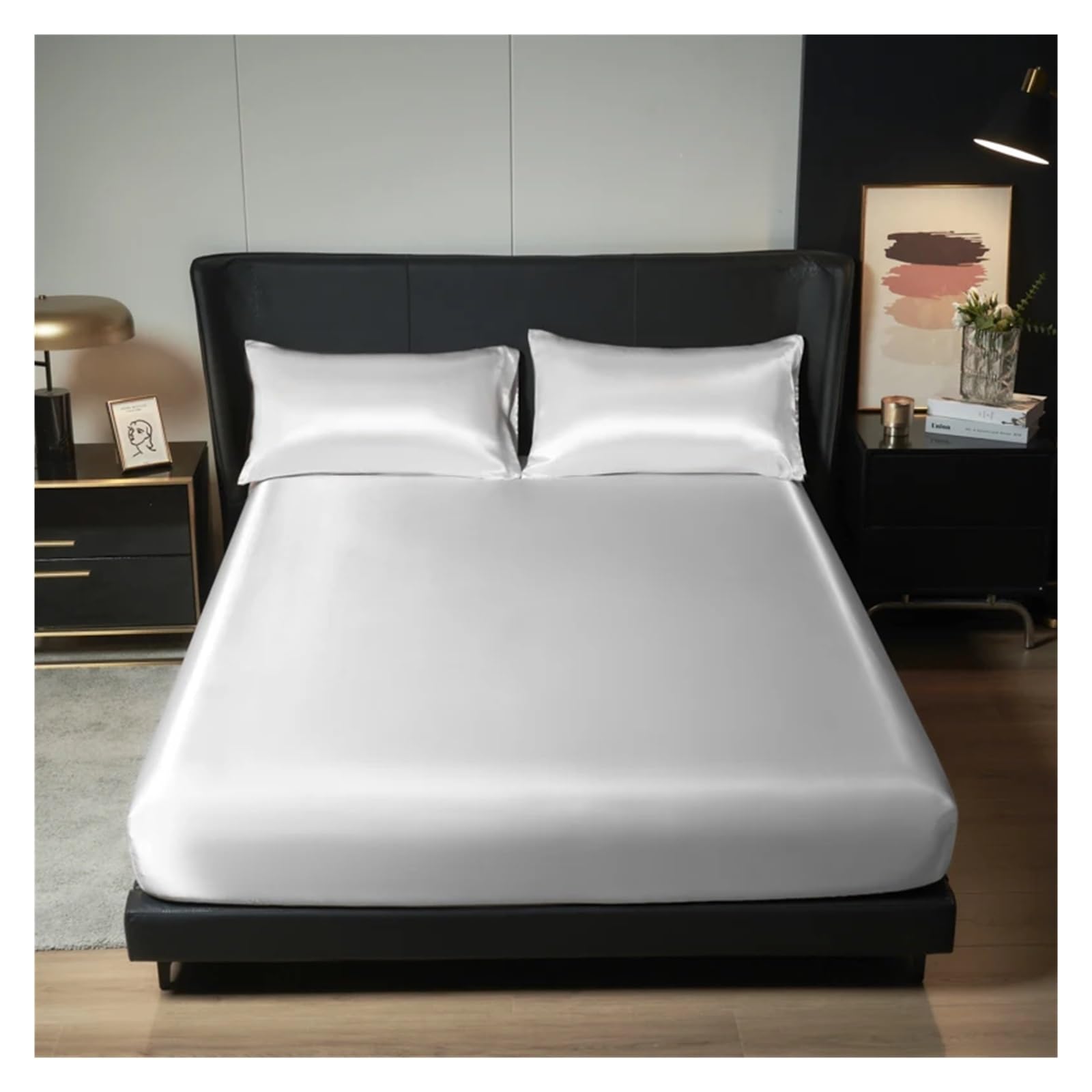 LHSJYG Silk Bed Sheets 1Pc Satin Fitted Sheet Solid Colour Twin Full Queen Ice Silk Mattress Cover With Elastic(White,180x200cm 1pc)