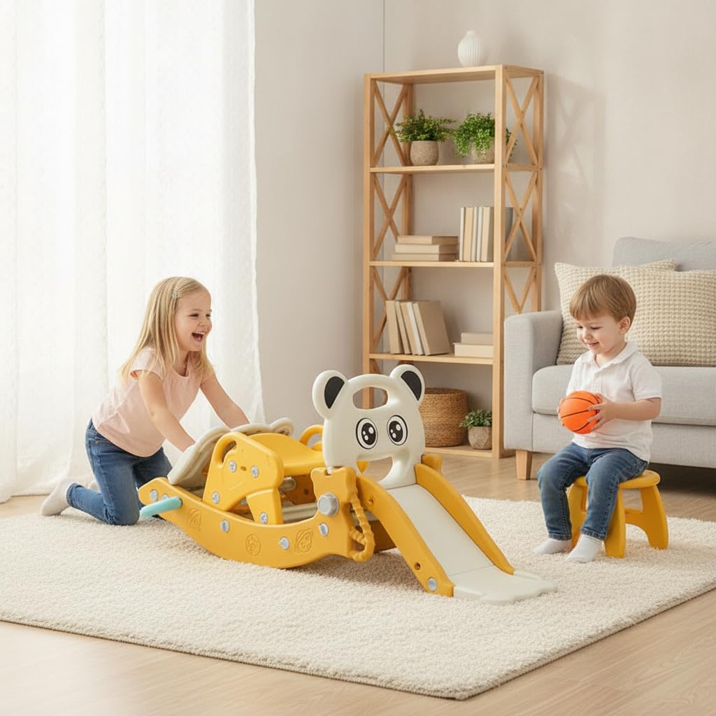 Parco Giochi Multifunzione per Bambini con Scivolo, Cavallo a Dondolo, Canestro e Cestino da Basket, da Interno ed Esterno