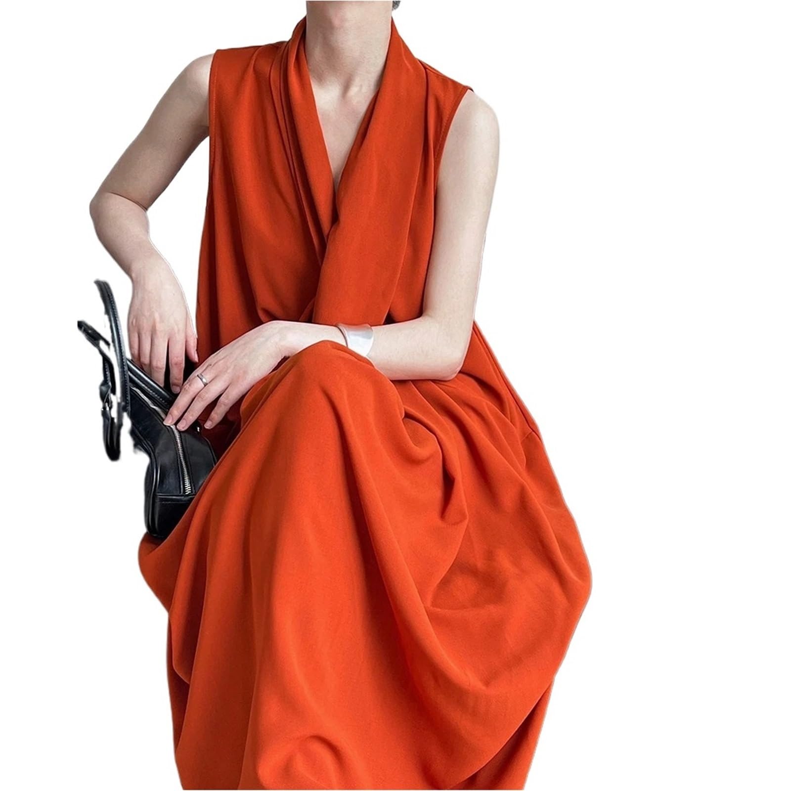 Vestido Sin Mangas Vestido Femenino sin Mangas con Temperamento de Color sólido, Escote en V Profundo, Pliegues, Vestido Largo Suelto Informal para la Mujer