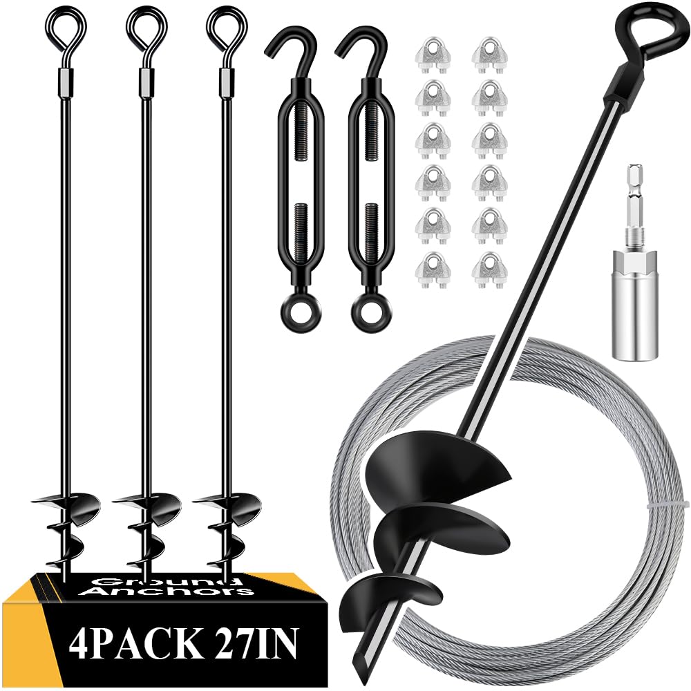 27in 4 Pack Ground Anchors with 3/16" Galvanized Cable Shed Anchor Kit, Trampoline Stakes Anchors High Wind – Ideal for Canopies, Sheds, Car Ports, Swing Sets Gazebo Greenhouse (27 in of 4 Pcs)