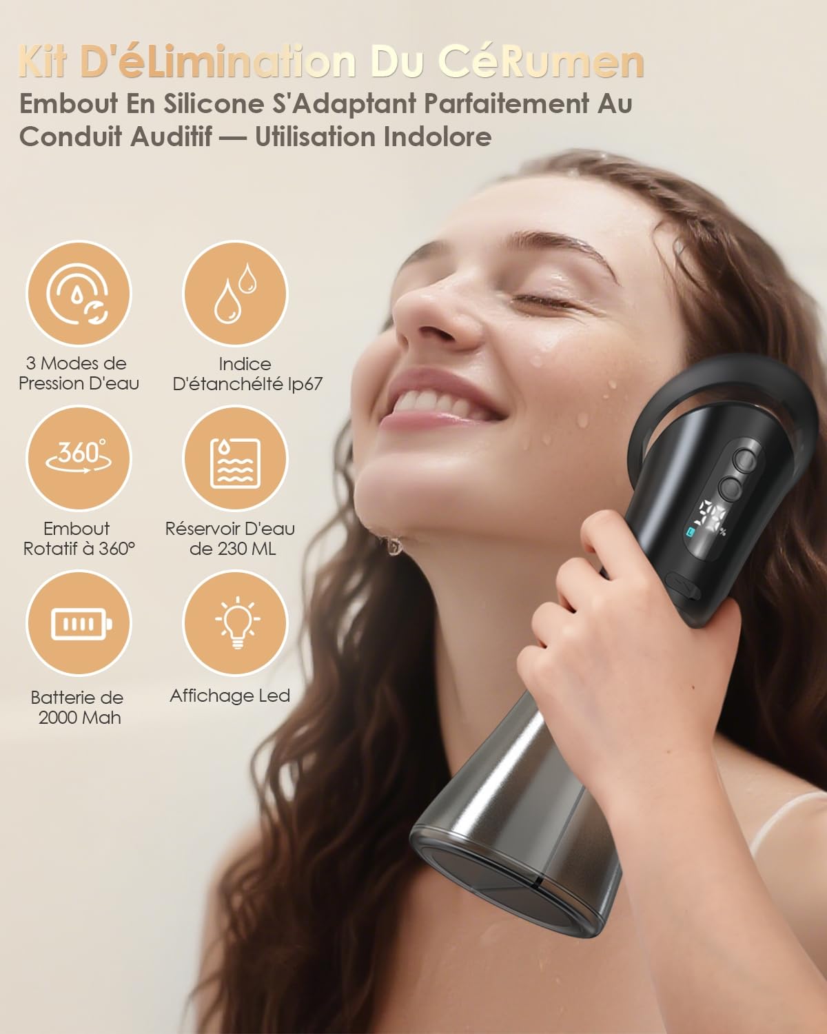 Nettoyage Oreille Electrique, 2 IN 1 Douchette Nettoyeur Oreille éTanche IPX67 2000 Mah, écran LED 3 Modes de Nettoyage et 11 Embouts Auriculaires pour Adultes, Enfants