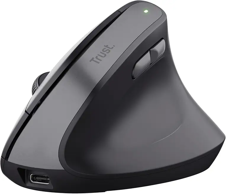 Trust Yuno Wiederaufladbare Vertikale Maus, Kabellose Ergonomische Maus 2.4GHz, Vorbeugung Gegen Mausarm/Tennisarm (RSI Syndrom), 800-2400 DPI, 70% Recyclingkunststoff, PC, Laptop, Mac - Schwarz