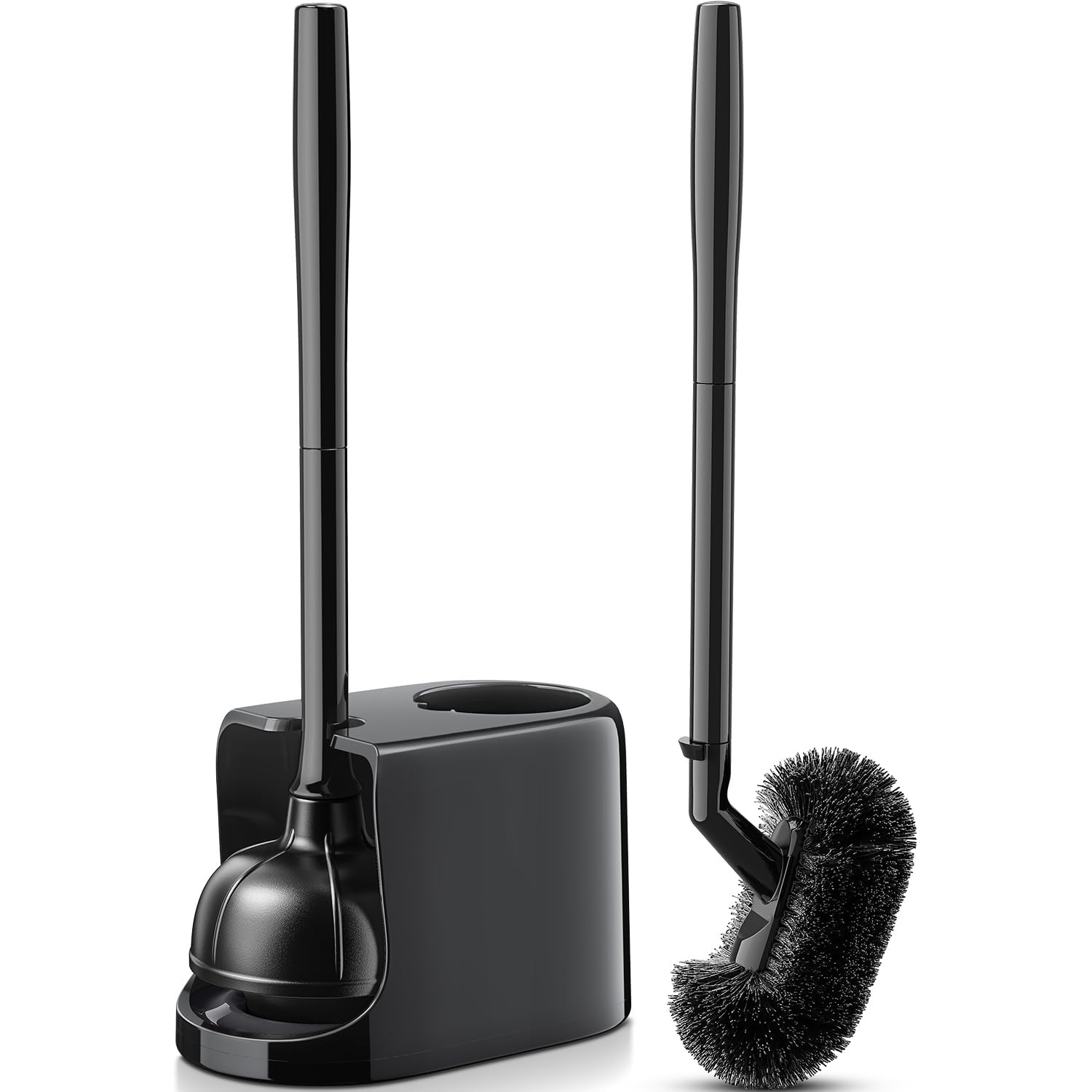 HAMITOR Toilet Brush and Plunger Set, Plungers for Bathroom Toilet Heavy Duty, Bowl Brush and Holder with Extended Handle, 2-in-1 Bathroom Accessory Cleaning Combo with Modern Caddy Stand - Black