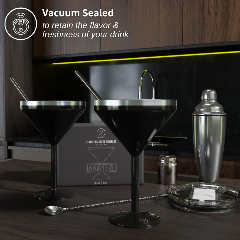 8 oz. Vacuum Sealed Martini Glass [Black/Set of 2] - Stainless Steel Martini Glass, Insulated Tumbler with Straws, Olive Pins, Straw Cleaner, Insulated Glass for Valentines Day Gift - Image 5
