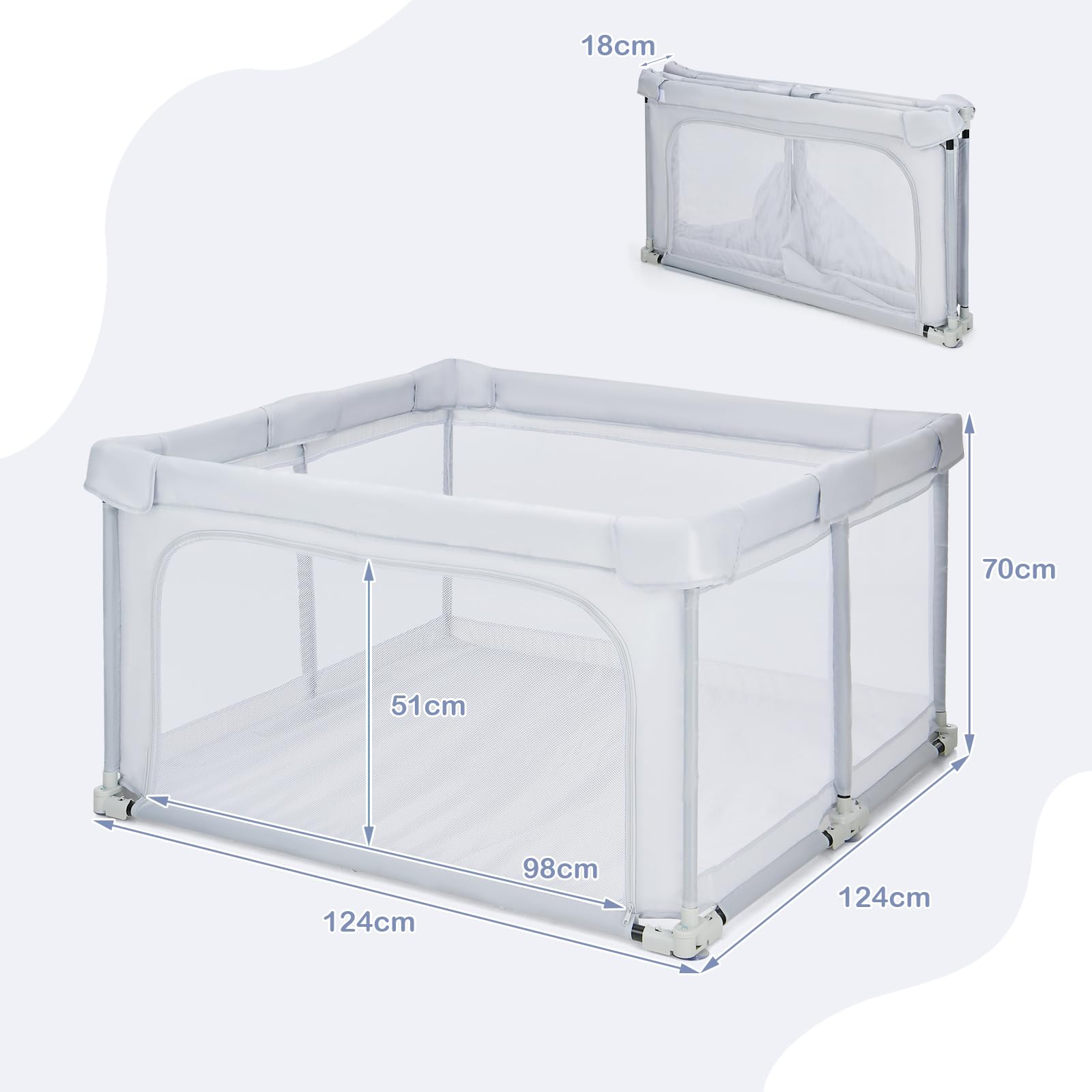 GOPLUS Parc Bébé Pliable 124x124CM, Parc Bebe en Maille Respirante avec 50 Balles et 4 Anneaux, Centre D'activités pour 10 Mois à 6 Ans, Idéal pour Intérieur et Extérieur, Gris