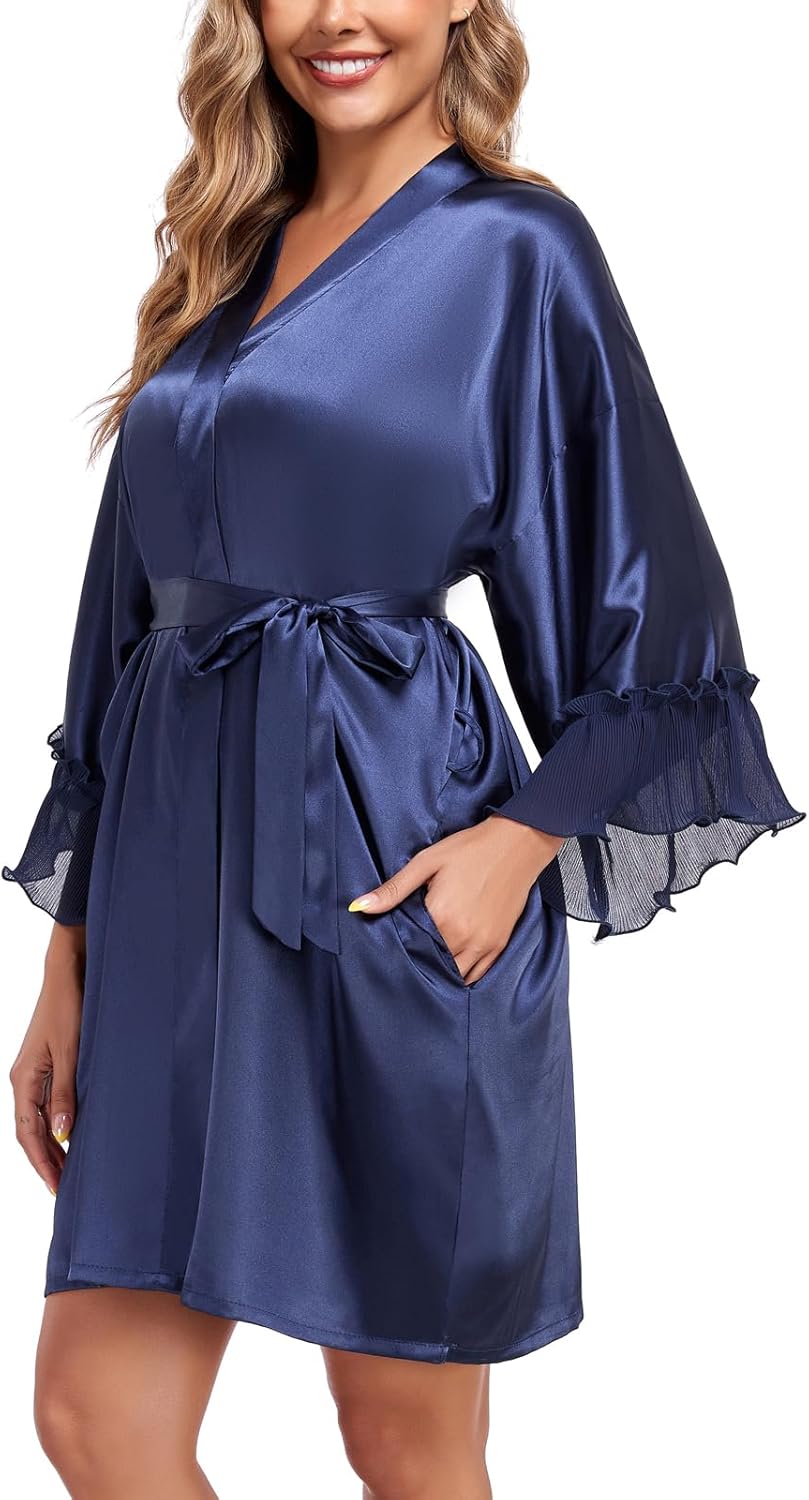 Women's Short Satin Robes Lightweight Kimono Bathrobe Ruffle Hem Bride Bridesmaids Wedding Party Sleepwear - Image 4