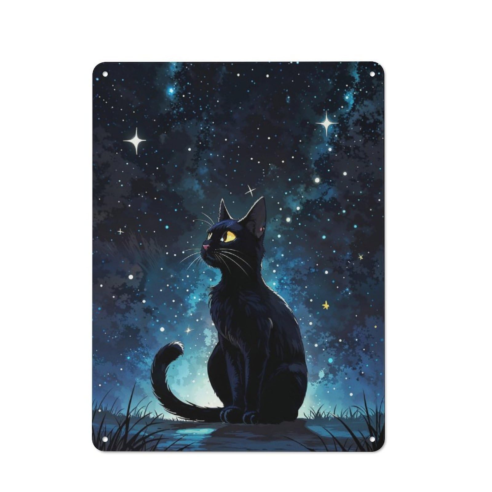 40x30cm Rustic Tin Sign with Black Cat Under Starry Sky for Studio Or Craft Room, Tin Sign Wall Decor for Studios And Craft Rooms