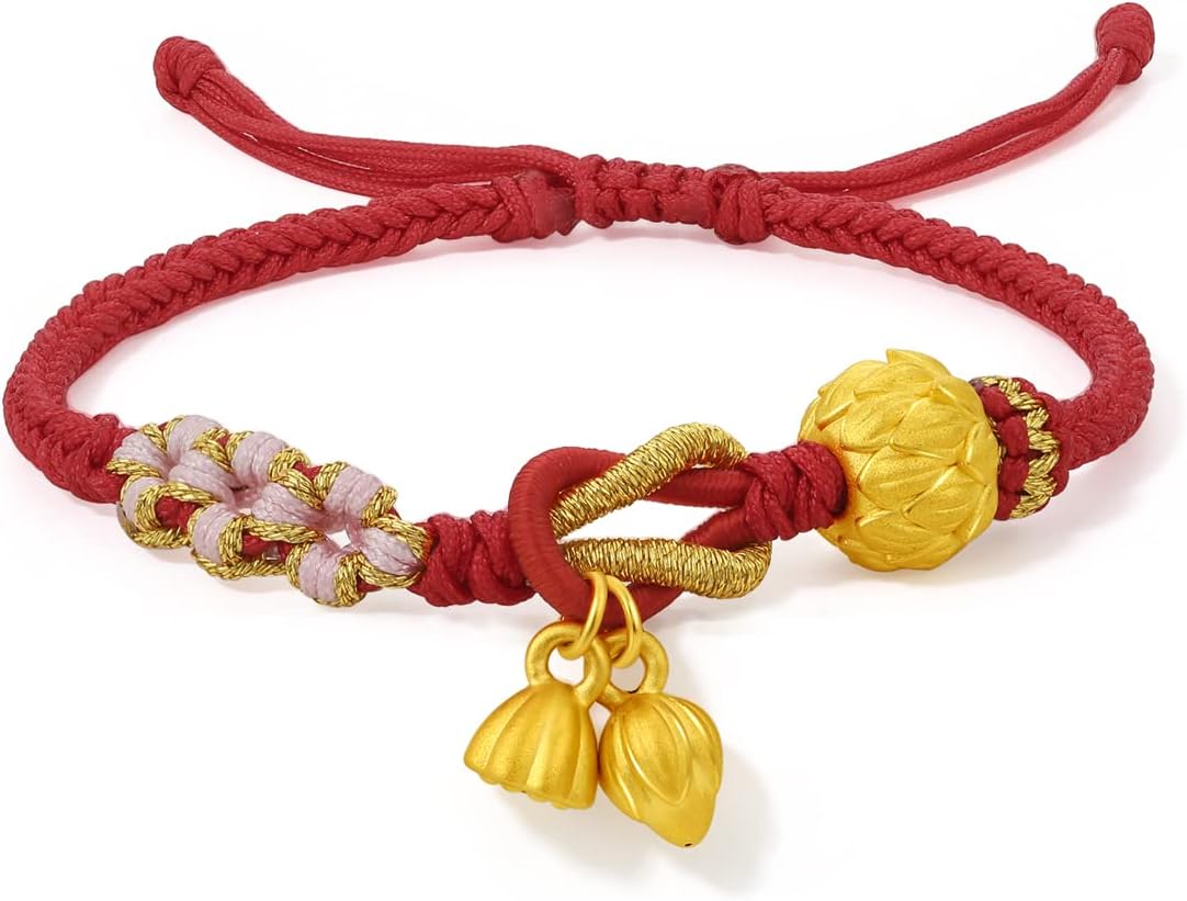 24K Solid Gold Bracelet Flower Ball Real Gold Charm Bracelet Adjustable Jewelry Braided Bracelet for Women Girlfriend