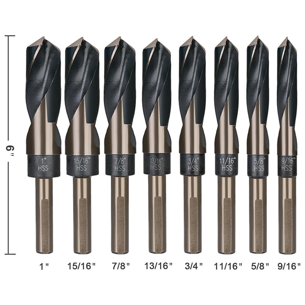 8 PCS 1/2" Reduced Shank Silver & Deming Large Drill Bit Set, M2 HSS with 135° Split Point in Aluminum Carry Case, SAE Inch Size 9/16" to 1" by 1/16th Increment