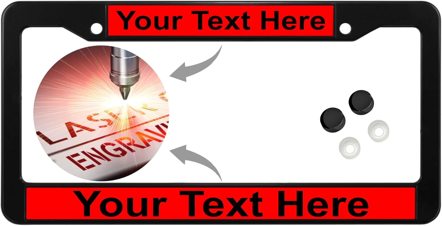 ABS Plastic Black Personalized with Custom Text Design | Laser Engraved Standard Size - Car/Automobile License Plate Frame with Free caps - Black/White Text (Qty: 1 Frame)