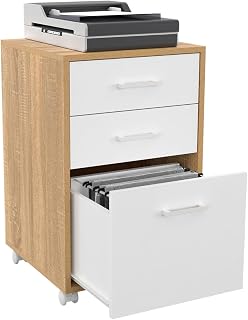 IDMarket Jon - Caja de escritorio para impresora (3 cajones, color blanco y madera)